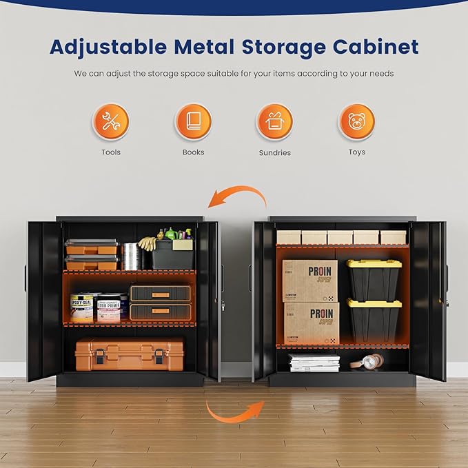 Yizosh Metal Garage Storage Cabinet with 2 Doors and 2 Adjustable Shelves - 35.5" Steel Lockable File Counter Cabinet for Home Office,Garage,Gym,School(Black)