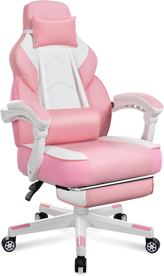 Meilocar Gaming Chair with Footrest, Video Game Chair for Adults Ergonomic Big and Tall Computer Chairs with Massage Lumbar Support 330lbs, 360° Swivel Seat (Pink)