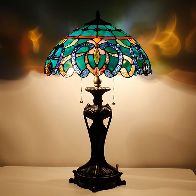 Tiffany Stained Glass Table Lamp 16X16X24 Inch Green Brown Jewelry Baroque Style Desk Bedroom Living Room Antique Reading Light (Green Brown Jewelry)