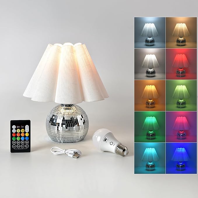 Rechargeable Crodless Small Funky Table Lamp, Battery Operated Remote Control Disco Mini Table Lamps for Bedroom Nightstand, Funky Small Table Lamp for Small Spaces for Kitchen Counter, Bookshelf