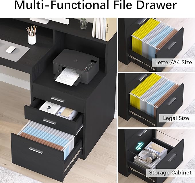 Computer Desk with 3 Drawer & Storage Shelves, Home Office Desk with File Drawer & Cabinet, Writing Study Table with Long Monitor Stand & Printer Shelf, Executive Desk, Black