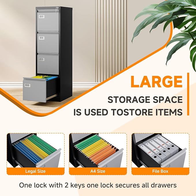 Metal Vertical File Storage Cabinet, 4 Drawer File Cabinet with Lock, 18" Deep Vertical Filing Cabinets for A4 Legal/Letter Size, Assembly Required (4 Drawer - Gray Black)