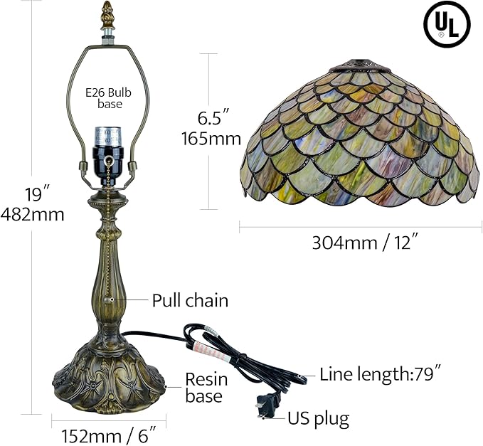 Tiffany Style Table Lamp Vintage Stained Glass Desk Lamp Mable Gradient Green Fish Scales Bedside Reading Light Decor Bedroom Living Room Home Office D12 xH18 (Green Fish Scales)