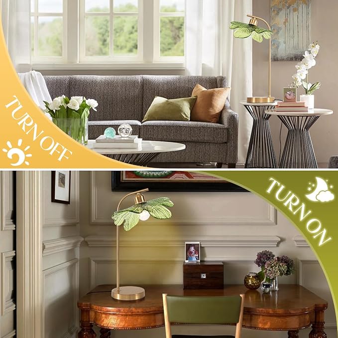 touch Table Lamp set of 2, Mid Century Modern Table lamp Gold Desk lamp tall table lamp nightstand lamp with Green Glass Flower Shade Bedside Table Lamp for end table Bedroom Living Room Office