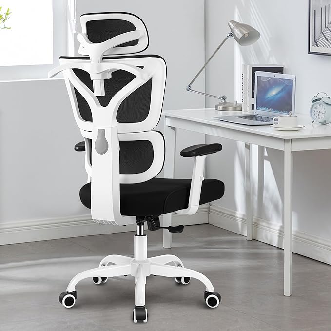 Winrise Office & Gaming Chair, High Back Ergonomic Reclining Desk Chair, Big & Tall, Comfy Home Office, Breathable Mesh, Adjustable Armrests (White)