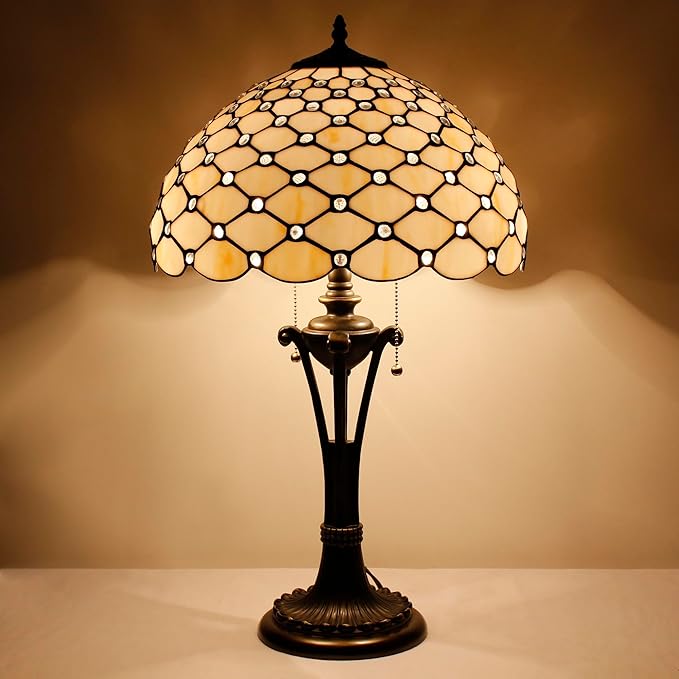 Tiffany Table Lamp Cream Amber Bead Stained Glass Desk Lamp 16X16X24 Inches Reading Light