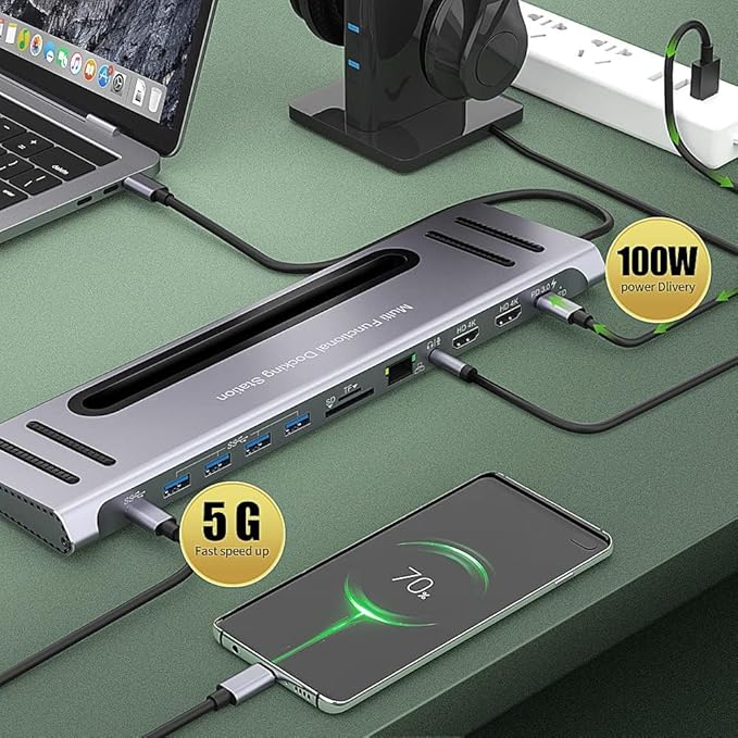 USB C Docking Station,Onten USB-C to Dual HDMI Adapter HUB .12-in-1 USB-A 3.0, USB-C 3.0 Gigabit Ethernet Dual-solt sd/tf Card Reader,PD 100w Charger (DP Alternative Mode Required)
