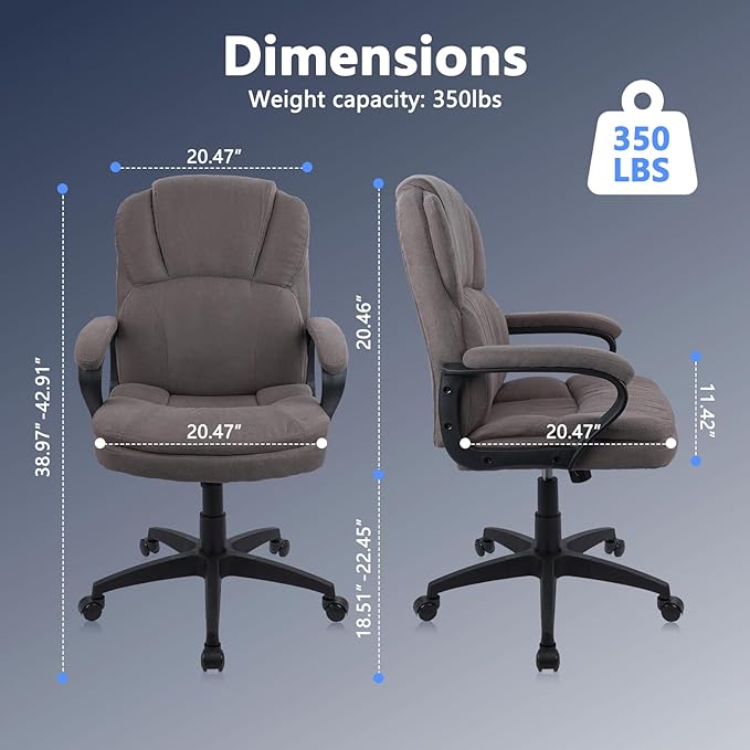 CLATINA Brown Cloth Office Chair Fabric Covered Desk Chair, Adjustable Height Swivel Chairs Ergonomic Executive Chair with Arms and Wheels Comfortable Upholstered, 350 LBS