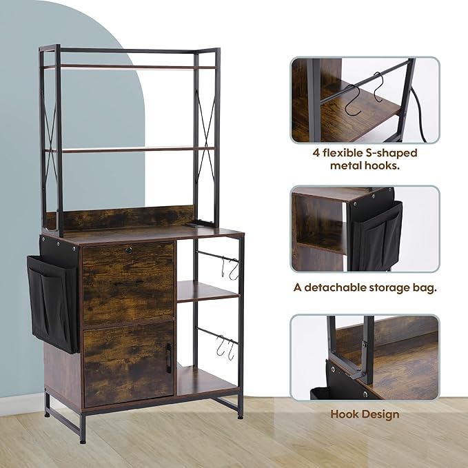 Vertical File Cabinet,Filing Cabinet with Shelves,Charging Station,Hanging Pouch and Hooks,Vertical Filing Cabinet Fits Letter/A4/Legal Size (Wood)