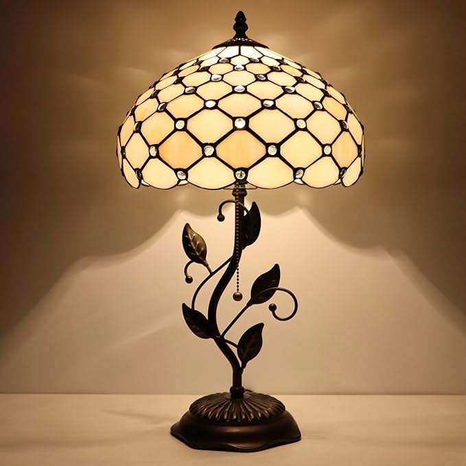Tiffany Table Lamp, Stained Glass Style Desk Lamp, 12X12X19 Inch,Bedside Reading Light, Metal Leaf Base (Cream Bead Style)