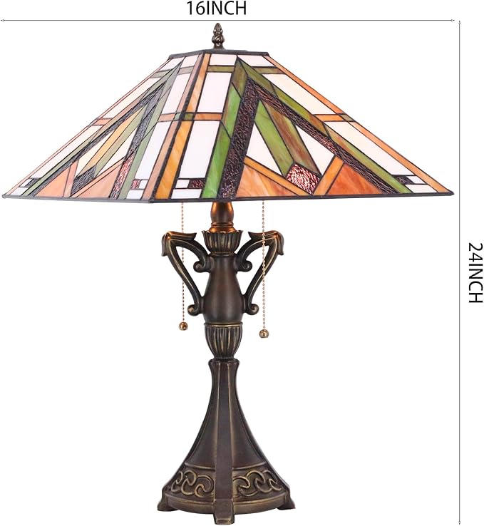 Tiffany Table Lamp Stained Glass Bronze Mission Style Desk Reading Light 16X16X24 Inch for Bedroom Living Room Home Office