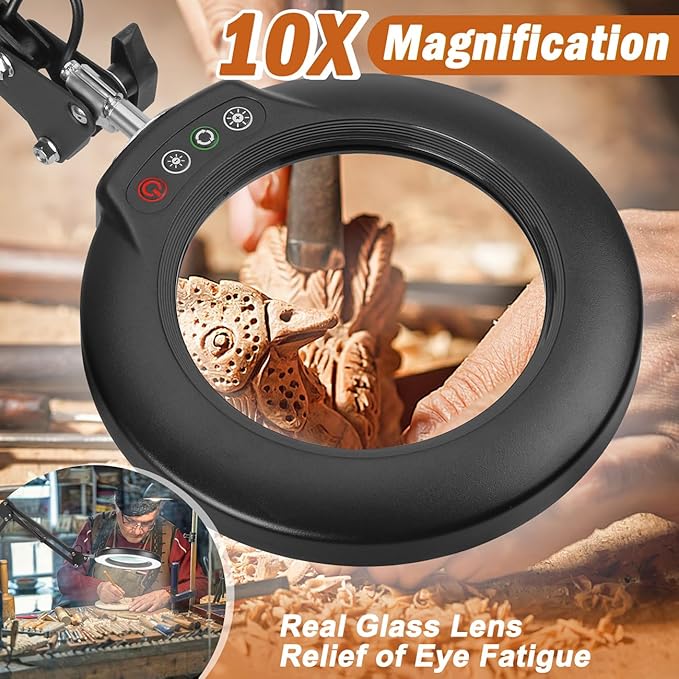 Veemagni 10X Magnifying Glass with Light and Stand, 5 Color Modes Stepless Dimmable 2-in-1 Desk Lamp & Clamp, LED Lighted Magnifier with Light, Hands Free for Repair Craft Hobby Close Work