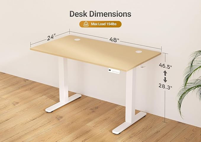 Seang Electric Standing Desk Adjustable Height, 48 x 24 Inch Sit Stand Desk with T-Shaped Frame, 3 Memory Presets & Cable Management for Home Office Computer Workstation, White Frame/Nature Top