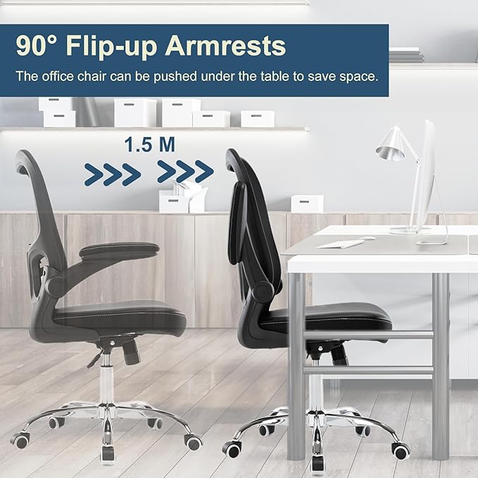 Ergonomic Office Chair with Lumbar Support, Adjustable PU Leather Computer Chair, Executive Desk Chair with Flip-up Arms, Breathable Mesh Back, Swivel Rolling Task Chair for Home Office Black