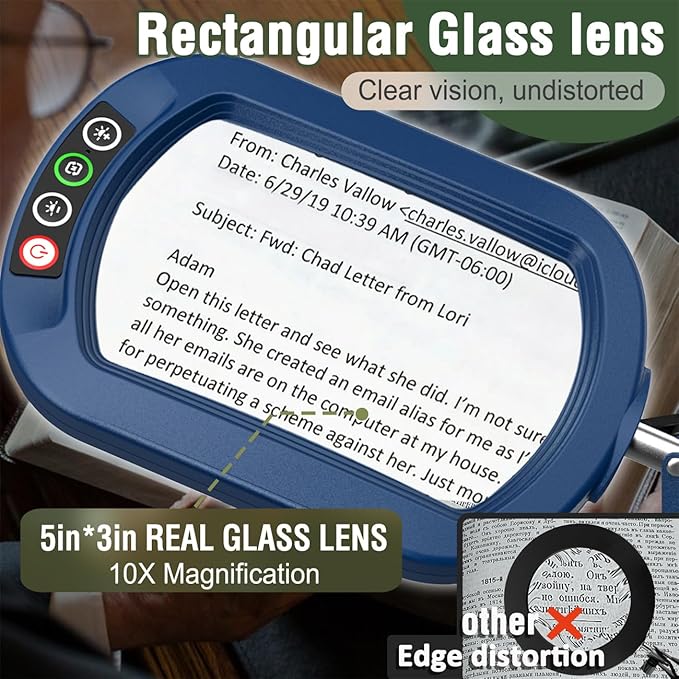 Veemagni 10X Rectangle Magnifying Glass with Light and Stand, 5 Color Modes Stepless Dimmable, 2-in-1 LED Lighted Desk Lamp & Clamp, Hands Free Magnifier for Reading Crafts Painting Close Work - Blue