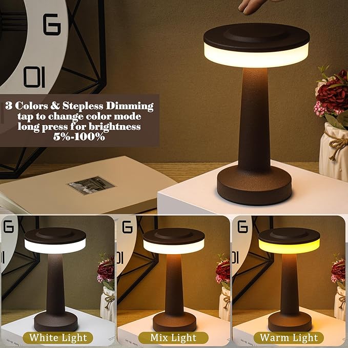 Riakrum Set of 2 LED Portable Cordless Table Lamp with Touch Sensor 3 Color Stepless Dimming Rechargeable Battery up to 15 Hours Cordless Table Light Wireless Lamp for Nursery(Brown,2 Pcs)