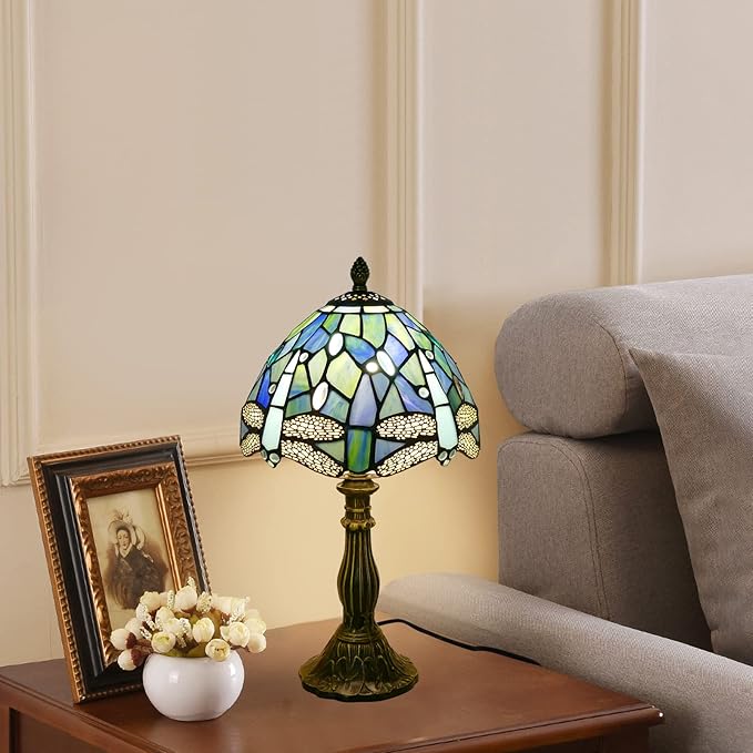 Tiffany Lamp Sea Blue Stained Glass Table Lamp 8X8X15 Inches Dragonfly Style Desk Reading Light Decor Beside Table Lamp for Bedroom Living Room Home Office