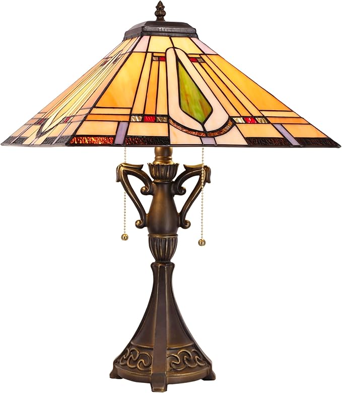 Tiffany Table Lamp Stained Glass Geometry Mission Style Desk Reading Light 16X16X24 Inch for Bedroom Living Room Home Office