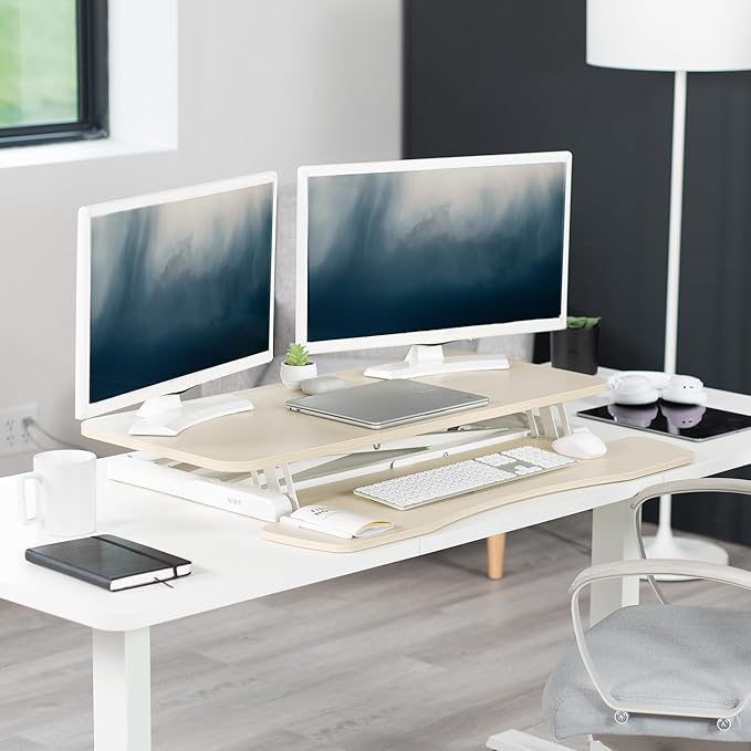 VIVO 36 inch Desk Converter, K Series, Height Adjustable Sit to Stand Riser, Dual Monitor and Laptop Workstation with Wide Keyboard Tray, Light Wood Top, White Frame, DESK-V036KF