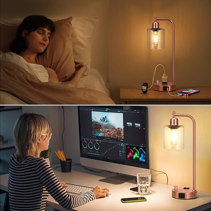 Innqoo Industrial Table Lamps for Bedrooms Set of 2 - Fully Dimmable Bedside Lamps with USB Ports and Outlet, Copper Nightstand Lamps with Glass Shade for Living Room, Desk Lamps for Office Reading