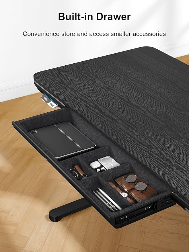 Smart Executive Electric Standing Desk, Wireless Charging, with Storage Drawer, Hidden Power Strip, Black