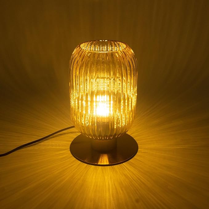 Small Table Lamp, Mid Century Modern Bedside Table Lamp, Amber Ribbed Glass Globe Table Lamp, Vintage Brass Nightstand Lamp for Bedroom Living Room Office, E26 Desk Lamp