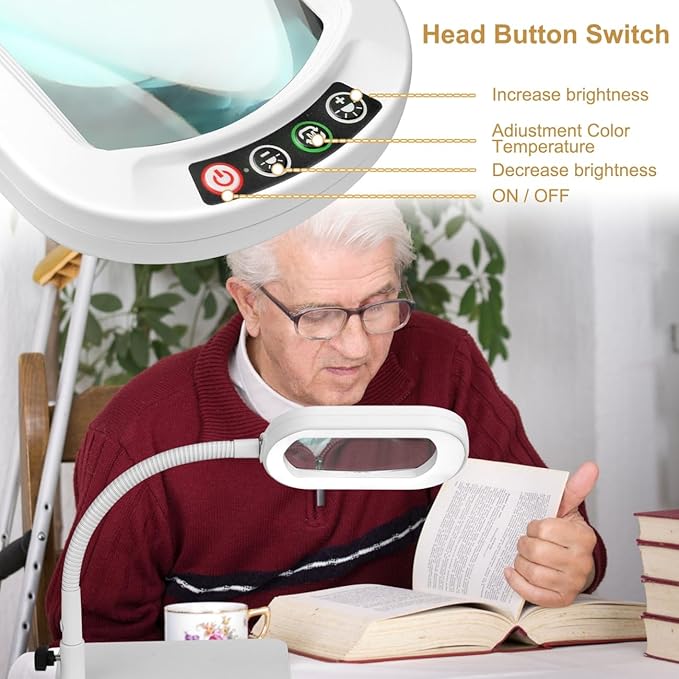 Veemagni 10X Rectangle Magnifying Glass with Light and Stand, Flexible Gooseneck LED Lighted Desk Lamp, 5 Color Modes Stepless Dimmable, Hands Free Magnifier for Reading Painting Close Work - White