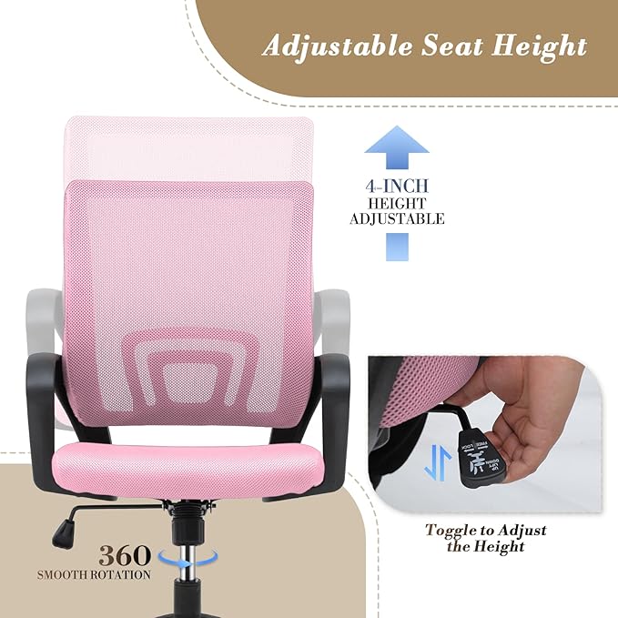 Athena Collection Computer Office Chair, Ergonomic Desk Chair with Rolling Wheels, Mesh Back Support and Height Adjustable, Small and Comfy for Home Office, Study, Pink