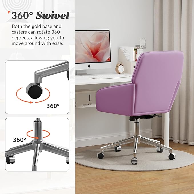 YISHENG Velvet Office Desk Chair with Silver Base, with Wheels,Modern Height Adjustable 360 Degree Swivel Upholstered Vanity Chairs with Arms for Living Room Bedroom,Light Purple