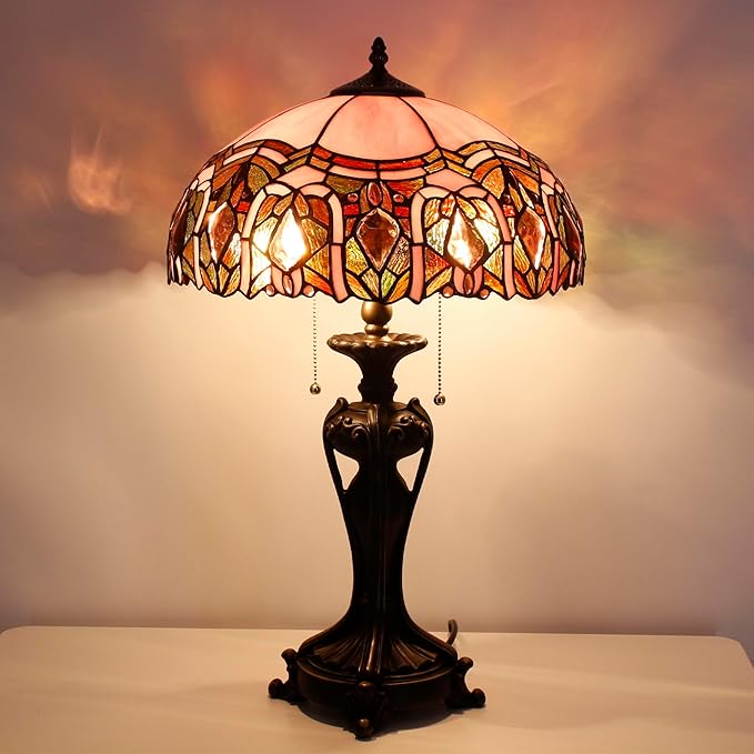 Tiffany Lamp Stained Glass Table Lamp 16X16X24 inchTiffany Style Desk Reading Light Resin Base Decor Bedroom Living Room Home Office (Pink Jewelry)