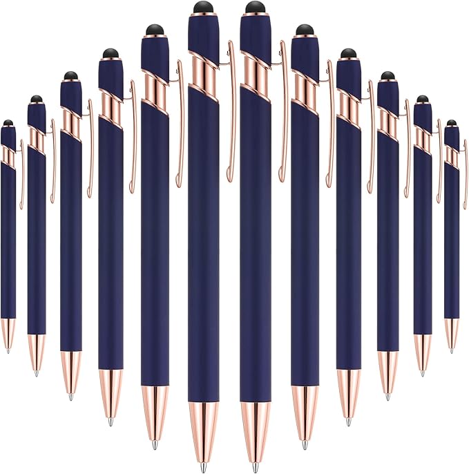 Tenare 12 Pieces 2 in 1 Stylus Metal Ballpoint Pen with Stylus Tip, 1.0 mm Black Ink Ballpoint Pen for Touch Screens(Cyan and Rose Gold)