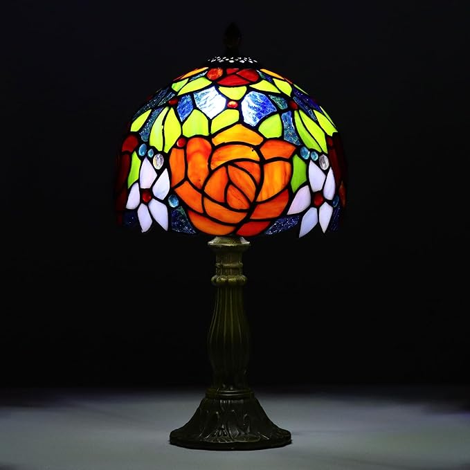Tiffany Style Lamp Rose Flower Stained Glass Table Lamp red Rose 8X8X14 Inches Home Office Desk Lamp Lights Decorate Gift Include Light Bulb