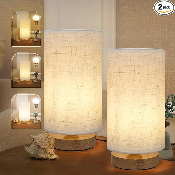 Minimalist Bedside Table Lamps for Bedrooms Set of 2, 3 Color Temperature Bedside Lamps with Round Fabric Linen Shade,Small Desk Lamp Night Nightstand Lamp Set for Living Room, Reading ,Office