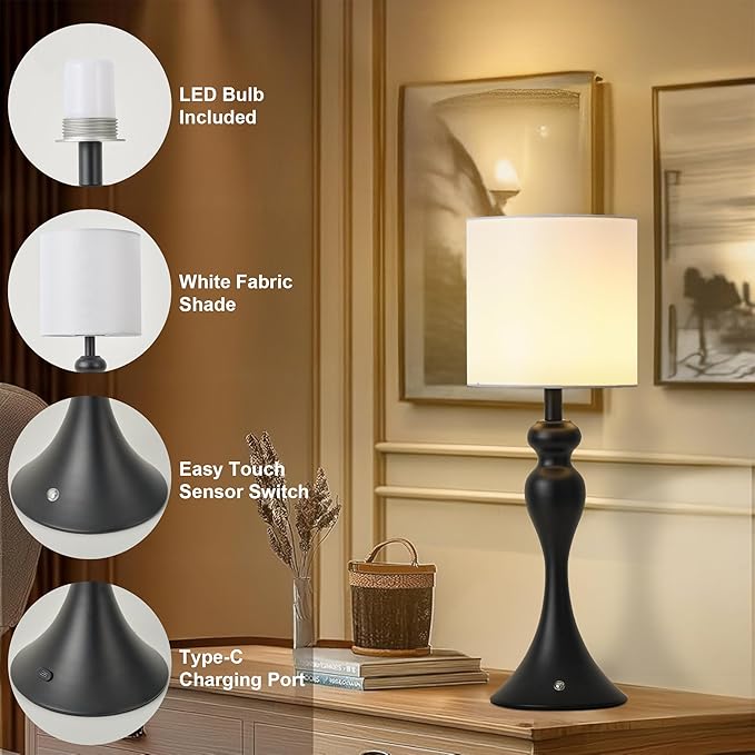 Table Lamp for Bedroom, Cordless Bedside Lamps for Living Room, Touch 3-Way Dimmable Desk Lamp for Night Stands, Rechargeable, Battery Operated Lamp with Fabric Shade for Dorm, Home Office (Black)