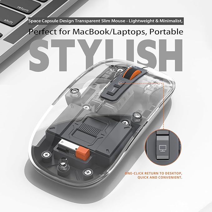 Sleek Transparent Magnetic Wireless Mouse - 3-Mode Connectivity (Dual Bluetooth + USB), DPI Adjust & One-Key Desktop Access, for MacBook/pc/iPad/Laptop (Grey)