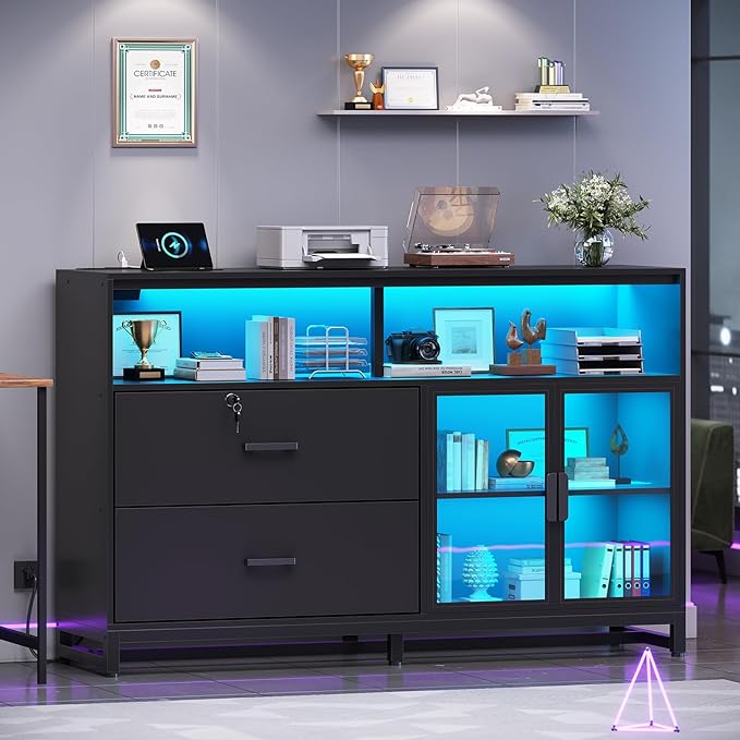 SEDETA 59" File Cabinet, 2 Drawers Filing Cabinets for Home Office fit Legal/Letter/A4 File, File Cabinet with Lock & Power Outlets, Printer Stand with Storage & LED Lights, Black