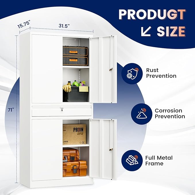 Yizosh Metal Garage Storage Cabinet with Locking Doors and Adjustable Shelves, 71" Tool Storage Cabinet with 1 Drawer for Garage,Office,Warehouse (White)