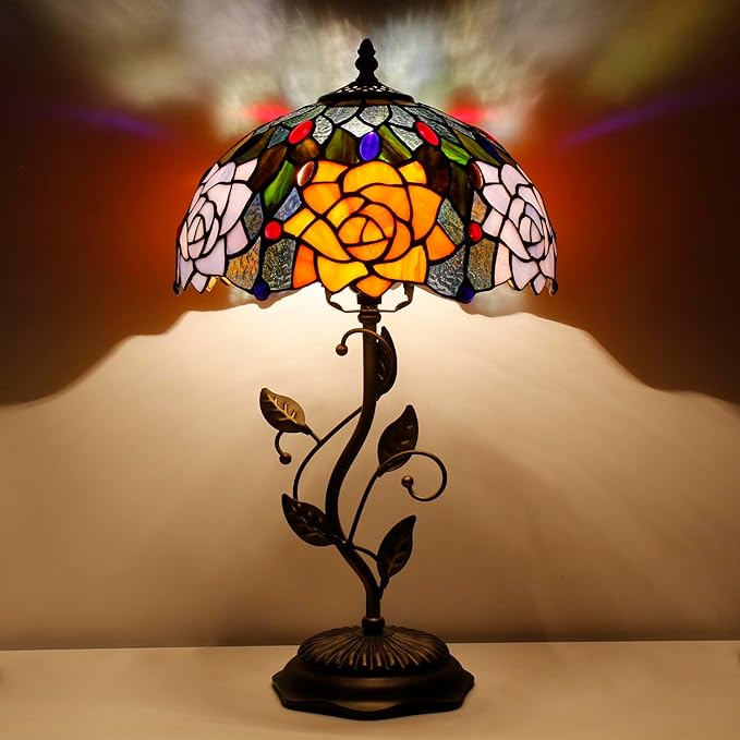 Tiffany Lamp Orange Red Rose Flower Stained Glass Table Lamp Desk Bedside Reading Light 12X12X19 Inches with Metal Leaf Base Decor Bedroom Living Room