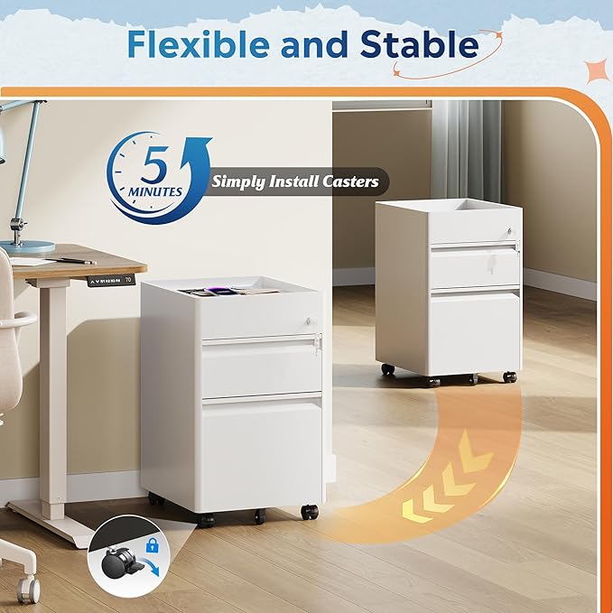 DEVAISE 2 Drawer Mobile File Cabinet, White Filing Cabinet with Lock, Under Desk Metal Filing Cabinets for Home Office, 17.7" D x 15.4" W x 25" H