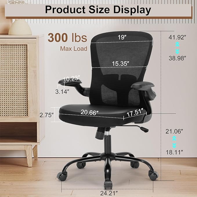 Office Chair, Ergonomic Desk Computer Chair with PU Leather Cushion, Home Office Desk Chairs with Flip-Up Arms and Adjustable Lumbar Support