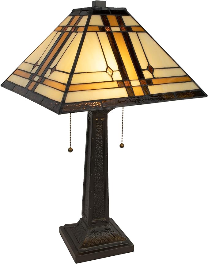 Lavish Home Tiffany-Style Table Lamp – Mission-Design Art Glass Lighting with 2 LED Bulbs Included – Vintage-Look Handcrafted Room Décor