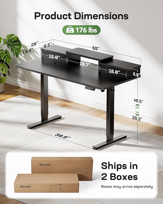Marsail Electric Standing Desk with Drawers, 55″ x 28″ Height Adjustable Sit Stand Up Desk with Storage Shelf, Ergonomic Home Office & Computer Table with 4 Memory Heights, Black