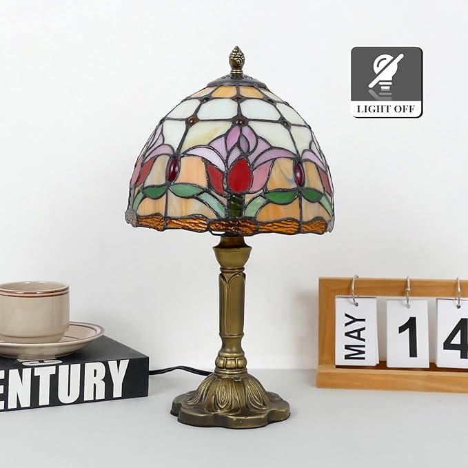 Tiffany Lamp Tulips Flower Stained Glass Table Lamp 8x8x14 Inches Flower Style Desk Reading Light Decor for Beside Bedroom Living Room Home Office with LED Bulb