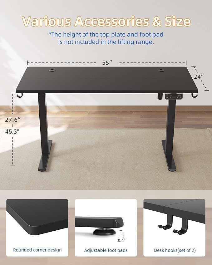 YIHAYO Electric Standing Desk, 55 x 24 Inches Stand Up Desk with Splice Board, Adjustable Height Desk, Computer Desk for Home Office, Black Frame/Black Top