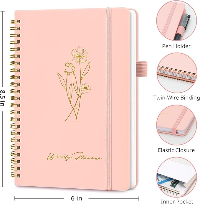 Undated Weekly Planner, Weekly To Do List Notebook with Goal & Habit Tracker Organizer, A5 Weekly Planner Notebook with Spiral Binding, 6.1" x 8.2" - Rosy