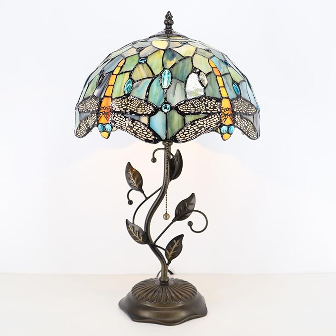Tiffany Table Lamp, Stained Glass Style Desk Lamp, 12X12X19 Inch,Bedside Reading Light, Metal Leaf Base (Brown Dragonfly Style)