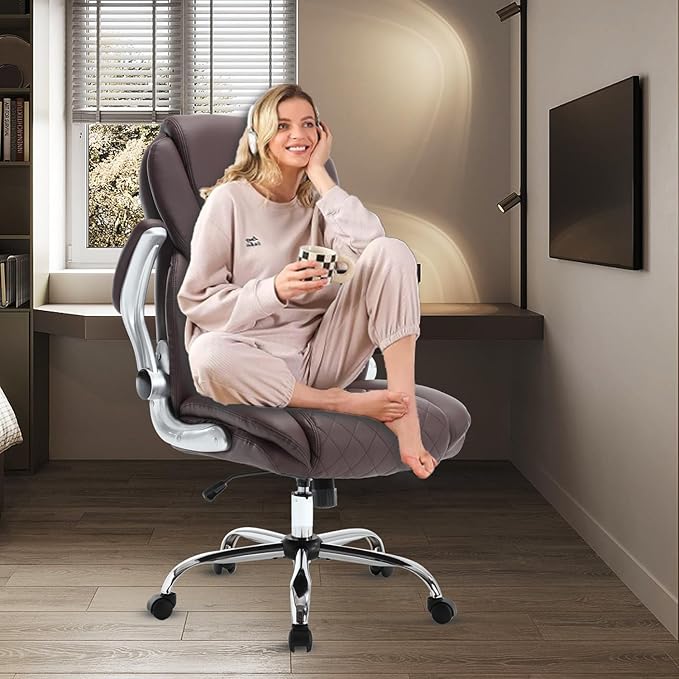 Leather Executive Office Chair, High Back Ergonomic Office Desk Chairs with Wheels, 90-120° Rocking Managerial Chair Home Computer Chairs with Flip-up Armr and Lumbar Support(Dark Brown)