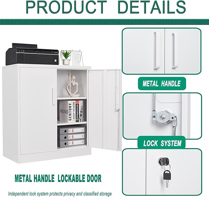 Letaya Metal Storage Cabinets with Lock, Small Locker Organizer Steel Cabinets, Adjustable Layers Shelves 2 Doors for Home, Office, Warehouse,Garage,Industrial,Employee Lockers (White-36)