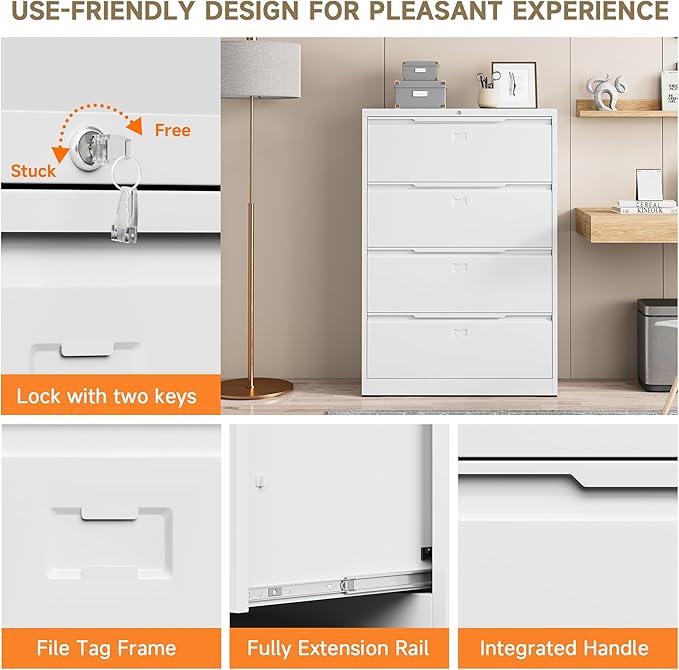 File Cabinet, 4 Drawer Metal File Cabinet with Lock, Lateral File Cabinet for Home and Office, Lateral File Cabinet for A4 Legal/Letter Size, Assembly Required (White, 4 Drawer)