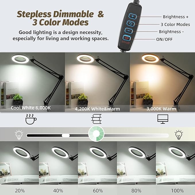 LANCOSC Magnifying Glass with Light and Stand, 5 Inches 10X Real Glass Lens, 3 Color Modes Stepless Dimmable LED Desk Lamp, Adjustable Arm Lighted Magnifier Light for Reading Repair Crafts Close Work